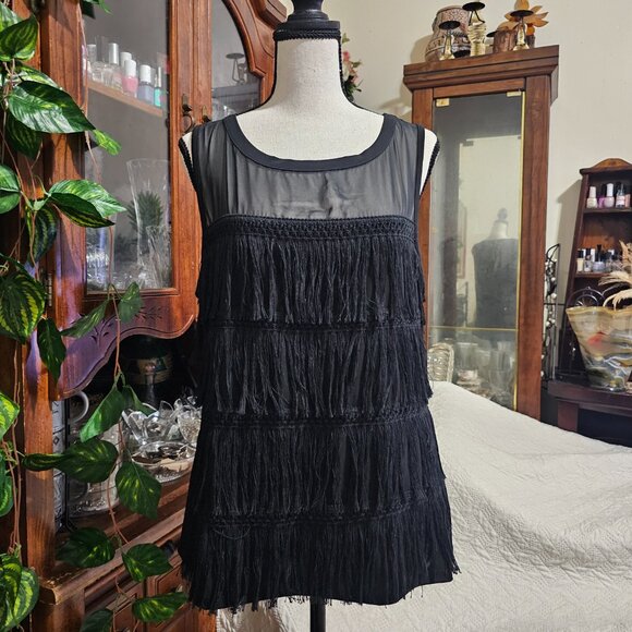 7th Avenue Black Sleeveless Sheer and Fringe Top - Picture 2 of 13